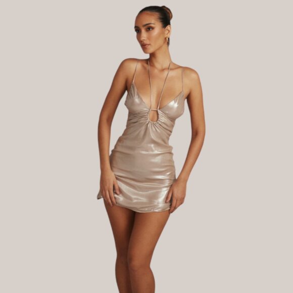 HOUSE OF CB Lucilla beige shimmer mini dress